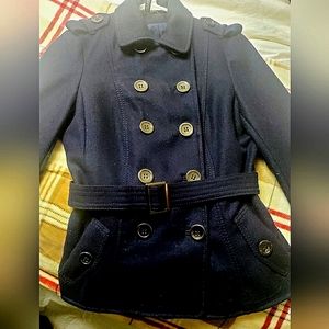 H&M Double-Breasted Navy Blue Belted Wool Coat